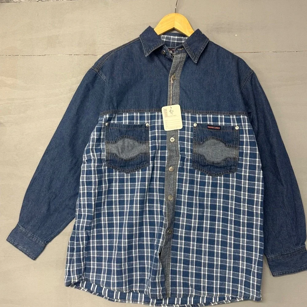 Western Cowboy Mens Blue Denim Plaid Mixed Media Button Down‎ Shirt Medium NWT